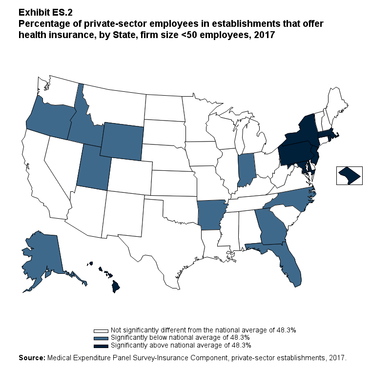 Map with data on the percentage of private-sector employees in establishments that offer health insurance, overall and by State, firm size <50 employees, 2017. Data are provided in the table below.