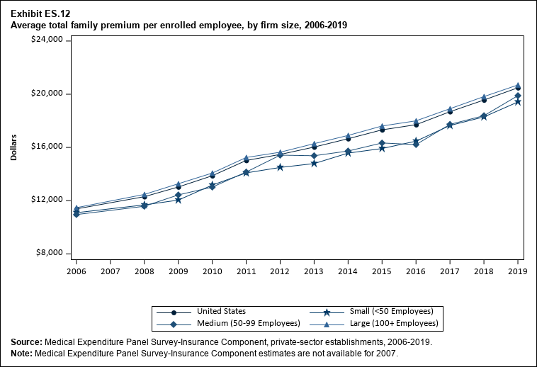 Line graph with data on the average total family premium per enrolled employee, overall and by firm size, 2006 to 2019. Data are provided in the table below.