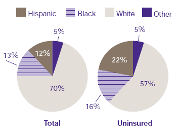 Figure 3. Percent distribution of total population and the uninsured by race/ethnicity: People under age 65, first half of 1997