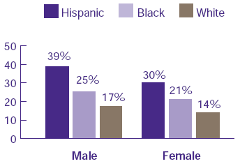 Figure 4. Percent uninsured by race/ethnicity and sex: People under age 65, first half of 1997