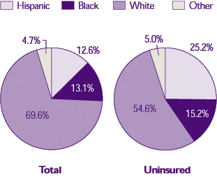 Figure 3. Percent distribution of total population and the uninsured by race/ethnicity: People under age 65, first half of 1999