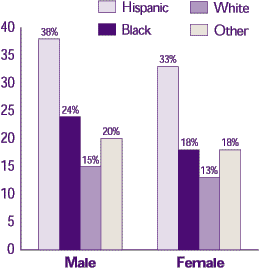 Figure 4. Percent uninsured by race/ethnicity and sex: People under age 65, first half of 1999