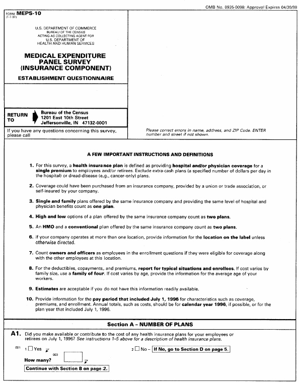 Establishment Questionnaire - Page 1