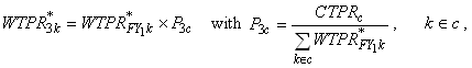 Weight P R superscript asterisk sub 3 k equals Weight P R superscript asterisk sub F Y 1 k times P sub 3 c with 
P sub 3 c equals C T P R sub c over Sum of Weight P R superscript asterisk sub F Y 1 k with k belongs to c and k belongs to c