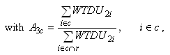 with A sub 3 c equals sum of Weight D U sub 2 i with i belongs to c over sum of Weight D U sub 2 i with i belongs to the intersection of c and r and i belongs to c