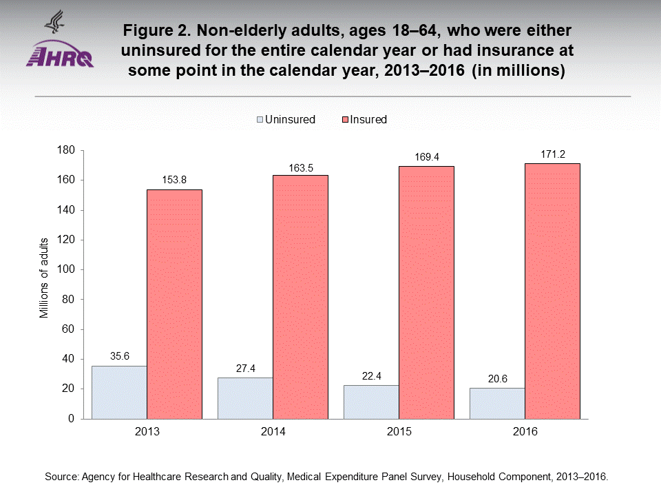 The figure contains non-elderly adults, ages 18-64, who were uninsured for the entire calendar year or had insurance at some point in the calendar year in 2013-2016 (in millions).