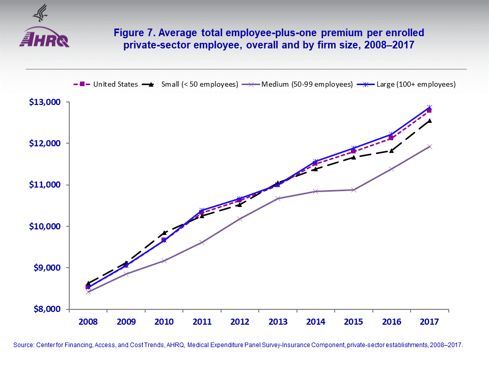 The figure contains the average total employee-plus-one premium per enrolled private-sector employee, overall and by firm size, 2008–2017