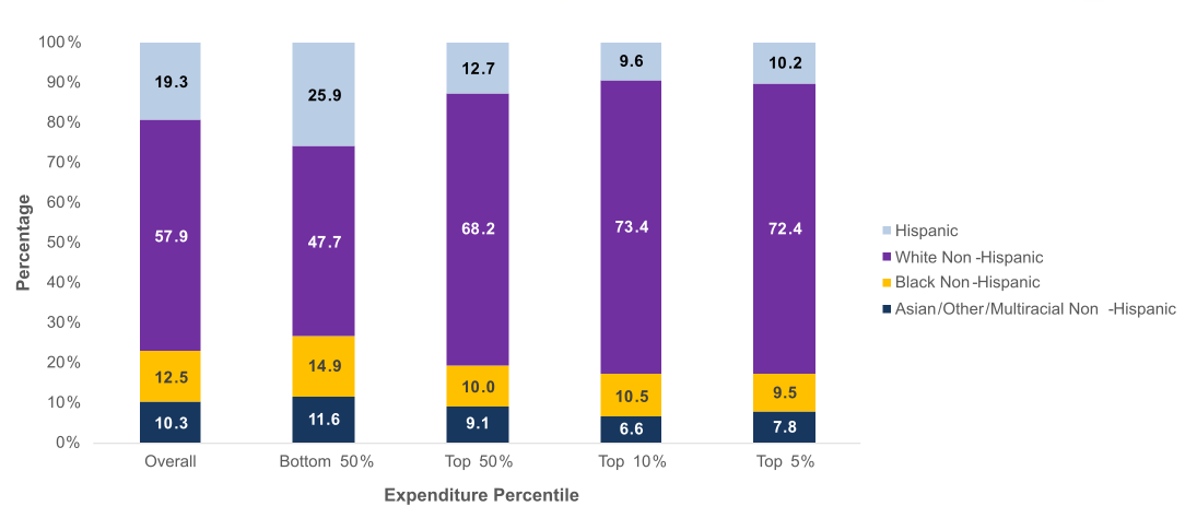 Percentage of people by race/ethnicity and expenditure percentile, 2022