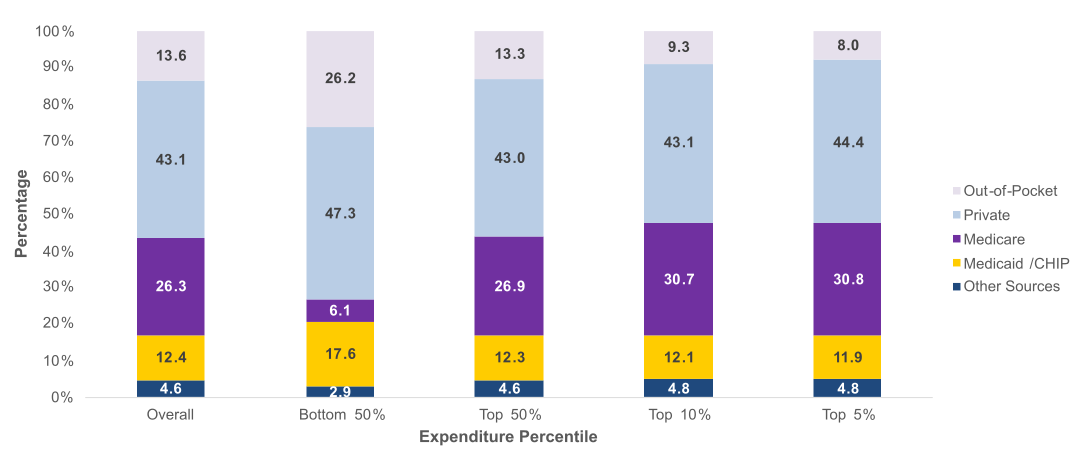 Figure displays: Percentage of expenditures by source of payment and expenditure percentile, 2022