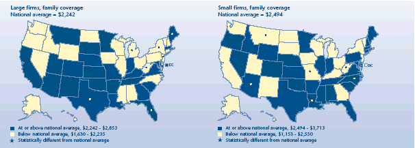 U.S. map depicting health insurance statistics, details can be found in accessible table below image