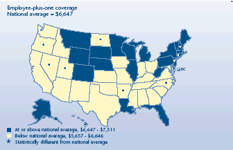 U.S. map depicting health insurance statistics, details can be found in accessible table below image