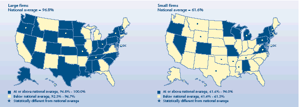 U.S. map depicting health insurance statistics, details can be found in accessible table below image