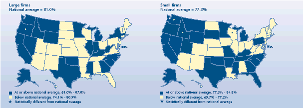 U.S. map depicting health insurance statistics, details can be found in accessible table below image