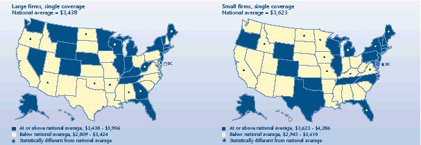 U.S. map depicting health insurance statistics, details can be found in accessible table below image