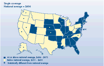 U.S. map depicting health insurance statistics, details can be found in accessible table below image