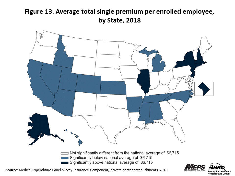 Map with data on the average total single premium per enrolled employee, overall and by State, 2018. Data are provided in the table below.