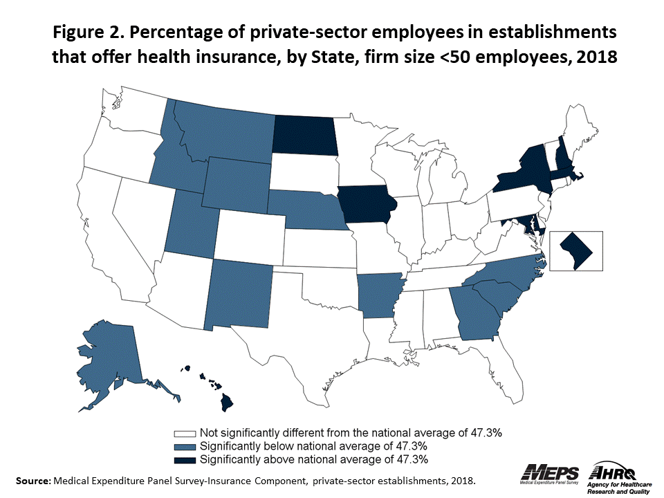 Map with data on the percentage of private-sector employees in establishments that offer health insurance, overall and by State, firm size <50 employees, 2018. Data are provided in the table below.