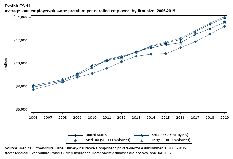Line graph with data on the average total employee-plus-one premium per enrolled employee, overall and by firm size, 2006 to 2019. Data are provided in the table below.