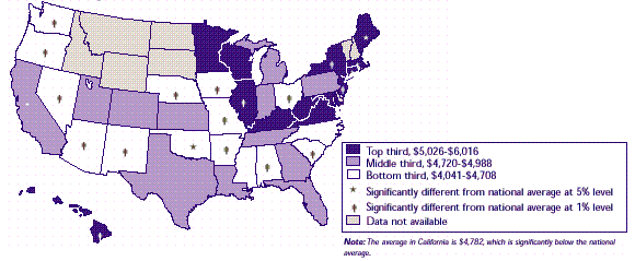 Map 13: Average total annual premium for job-related family insurance coverage, 1996