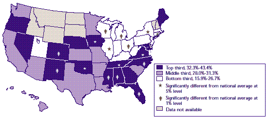 Map 16: Percent of total premium for job-related insurance paid by worker, 1996 Family coverage
