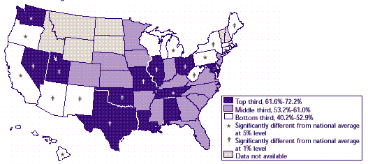 Map 21: Percent that have at least one preferred provider plan among establishments offering insurance, 1996