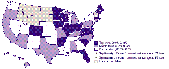 Map 6: Percent of employees eligible for insurance in establishments offering health insurance, 1996 Full time