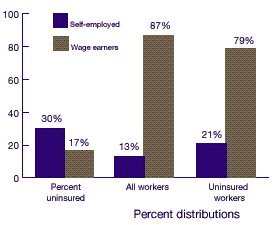 Figure 1. Percent uninsured for workers ages 16-64 and comparison of self-employed workers and wage earners: First half of 1996