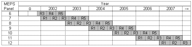 1. MEPS Overlapping Panel Design from 2002 through 2007. Panel 6 overlaps the end of year 2001 and extends into 2002. Rounds 4 and 5 took place through the remainder of 2002.
Panel 7, Round 1 began at the beginning of 2002, followed by Round 2. Round 3 of Panel 7 began in the last two months of 2002 and went into 2003. Rounds 4 and 5 of Panel 7 took place and were completed in 2003.
Panel 8, Round 1 began at the beginning of 2003, followed by Round 2. Round 3 of Panel 8 began in the last two months of 2003 and went into 2004. Rounds 4 and 5 of Panel 8 took place and were completed in 2004.
Panel 9, Round 1 began at the beginning of 2004, followed by Round 2. Round 3 of Panel 9 began in the last two months of 2004 and went into 2005. Rounds 4 and 5 of Panel 9 took place and were completed in 2005.
Panel 10, Round 1 began at the beginning of 2005, followed by Round 2. Round 3 of Panel 10 began in the last two months of 2005 and went into 2006. Rounds 4 and 5 of Panel 10 took place and were completed in 2006.
Panel 11, Round 1 began at the beginning of 2006, followed by Round 2. Round 3 of Panel 11 began in the last two months of 2006 and went into 2007. Rounds 4 and 5 of Panel 11 took place and were completed in 2007.
Panel 12, Round 1 began at the beginning of 2007, followed by Round 2. Round 3 of Panel 12 began in the last two months of 2007 and went into 2008.