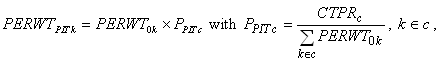 Per Weight sub P I T k equals Per Weight sub zero k times P sub P I T sub c with P sub P I T c equals C T P R sub c over sum of Per Weight sub zero k with k belongs to c and k belongs to c .