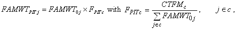 Fam Weight sub P I T j equals Fam Weight sub zero j times F sub P I T c with F sub P I T c equals C T F M sub c over sum of Fam Weight sub zero j with j belongs to c and j belongs to c