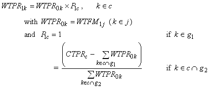 Weight T P R sub 1 k equals Weight T P R sub zero k times P sub 1 c and k belongs to c with
Weight T P R sub zero k equals Weight F M sub 1 j (k belongs to j)
and P sub 1 c equals 1 if k belongs to g1 equals C T P R sub c minus sum of Weight P R sub zero k with k belongs to intersection of c and g1 over sum of Weight P R sub zero k with k belongs to the intersection of c and g2
if k belongs to the intersection of c and g2.