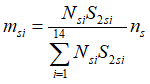 m sub s i equals capital n sub s i times capital s sub two s i times n sub s,
divided by the sum from i equals 1 to 14 of capital n sub s i times capital s sub two s i